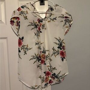 SHEIN White Floral Blouse with Pink and Green Accents